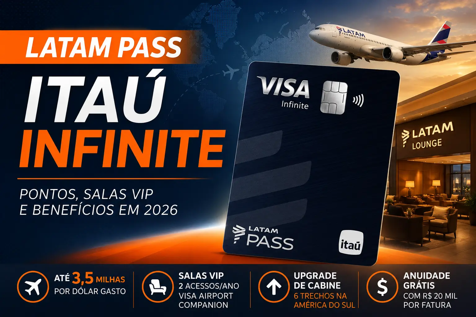 LATAM Pass Itaú Infinite com até 3,5 milhas por dólar, salas VIP e benefícios de viagem em 2026