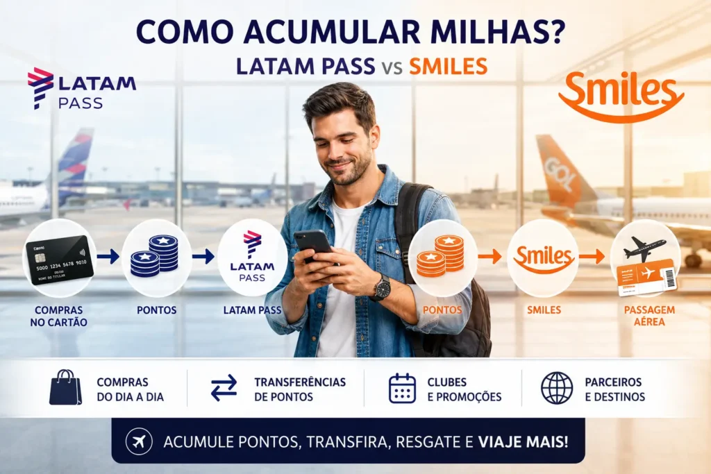 Como acumular milhas no LATAM Pass e Smiles em 2026 com cartões de crédito, pontos, transferências e promoções.
