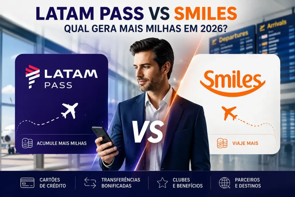 LATAM Pass vs Smiles em 2026: comparação de milhas, cartões de crédito, transferências bonificadas, clubes e benefícios.