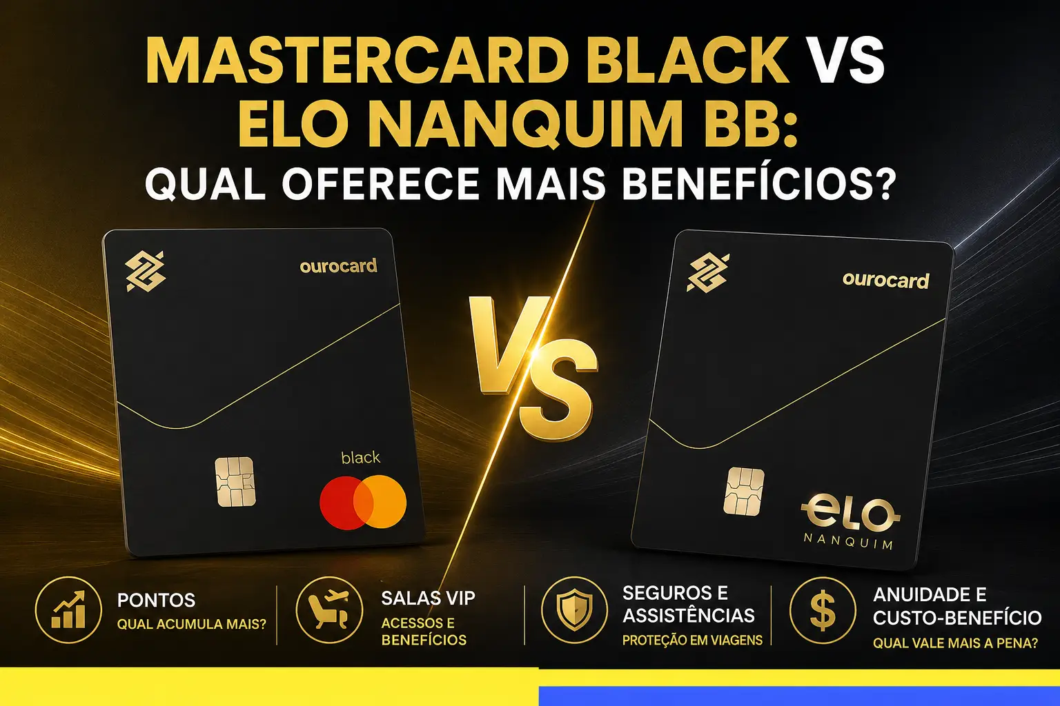 Mastercard Black vs Elo Nanquim BB comparados em pontos, salas VIP, seguros, assistências e custo-benefício.