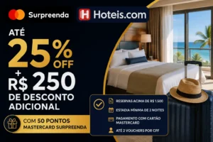 Mastercard Surpreenda oferece até 25% de desconto mais R$ 250 na Hoteis.com com 50 pontos.