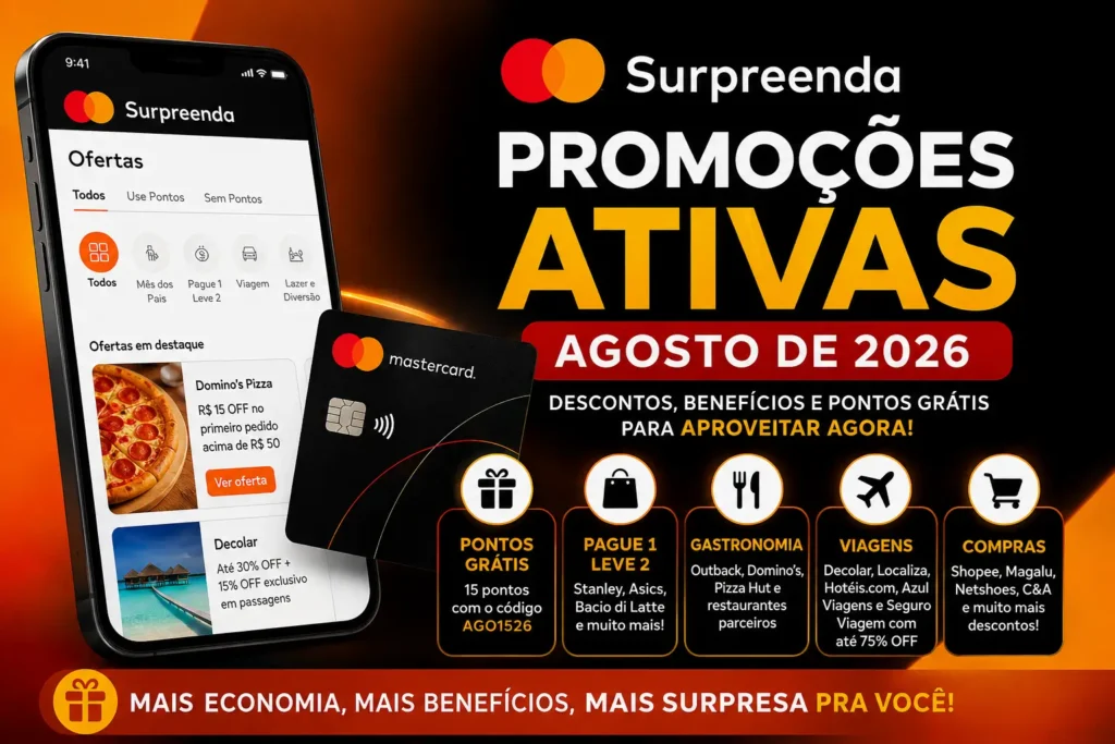 Arte do Mastercard Surpreenda destacando as promoções ativas de agosto de 2026, incluindo pontos grátis, ofertas Pague 1 Leve 2, descontos em restaurantes, viagens e compras para clientes Mastercard.