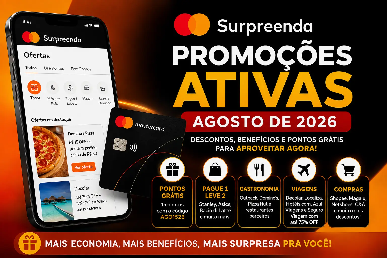Arte do Mastercard Surpreenda destacando as promoções ativas de agosto de 2026, incluindo pontos grátis, ofertas Pague 1 Leve 2, descontos em restaurantes, viagens e compras para clientes Mastercard.