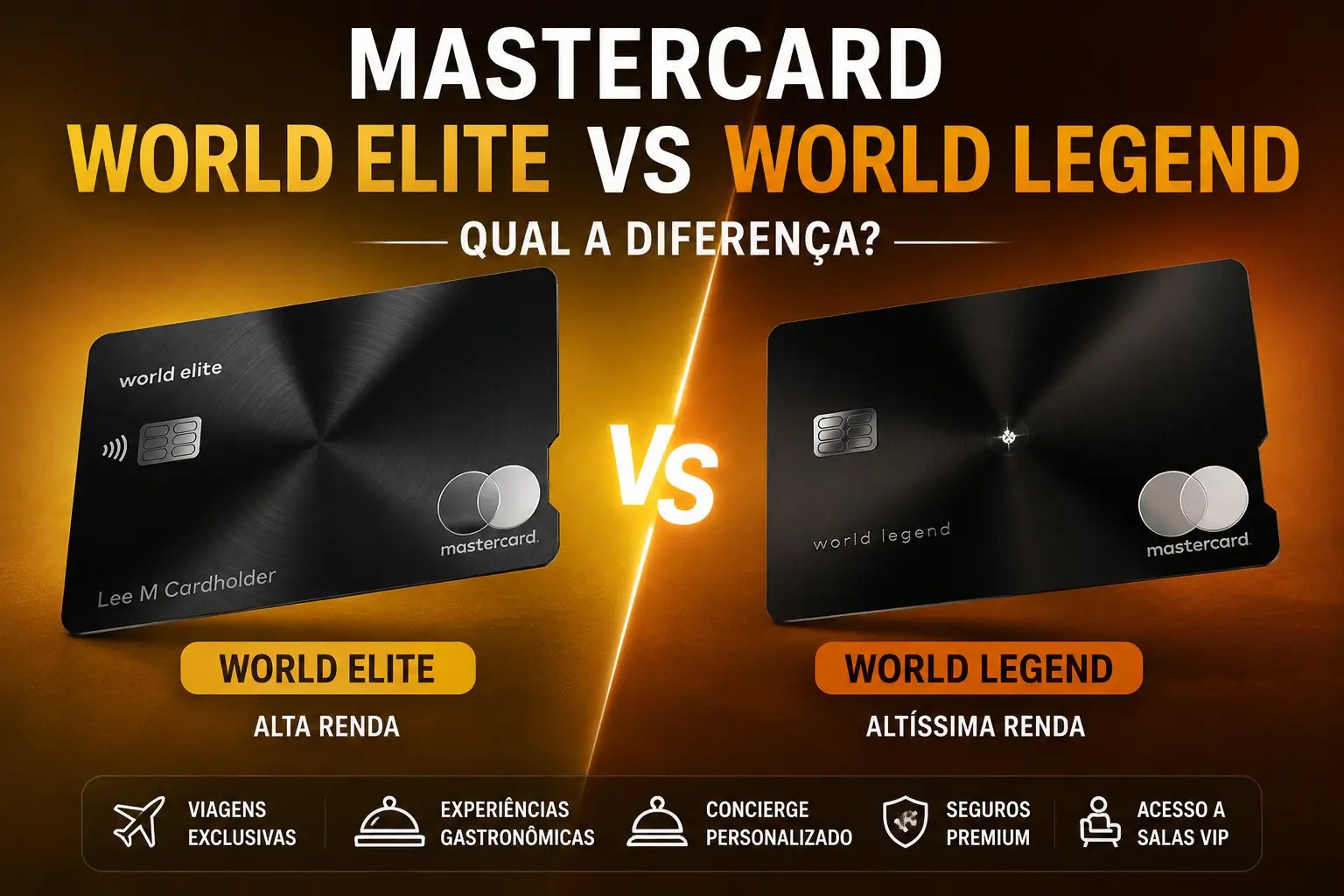 Mastercard World Elite vs World Legend comparando benefícios, salas VIP, seguros e experiências premium.