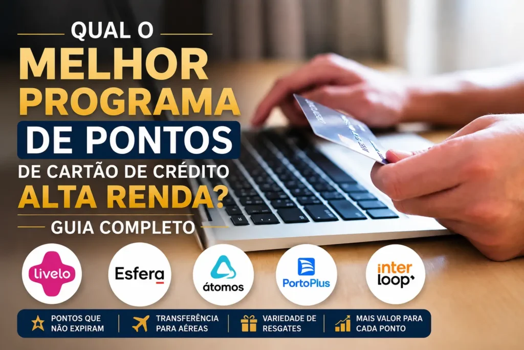 Comparativo dos melhores programas de pontos de cartão de crédito alta renda em 2026, incluindo Livelo, Esfera, Átomos, PortoPlus e Inter Loop.