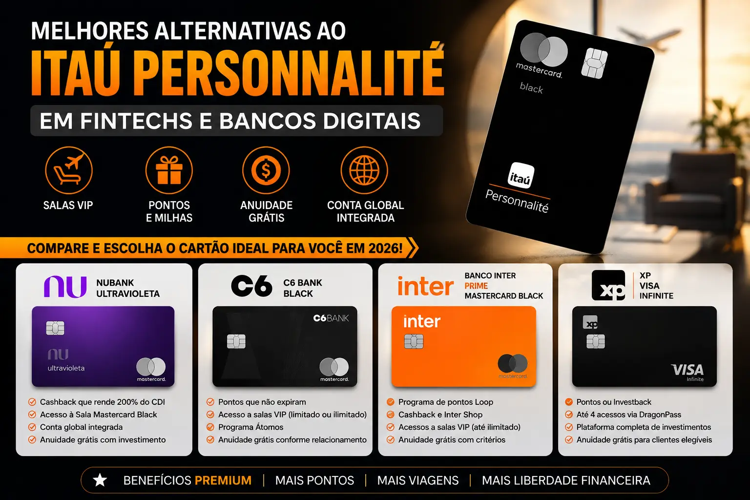 Imagem destacando as melhores alternativas ao cartão Itaú Personnalité em 2026, comparando Nubank Ultravioleta, C6 Bank Black, Banco Inter Prime Mastercard Black e XP Visa Infinite para clientes de alta renda.