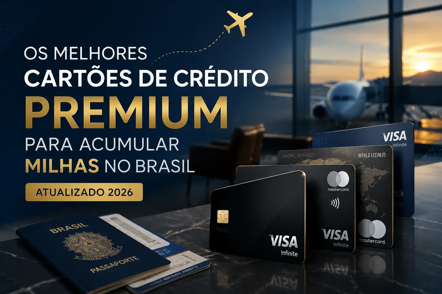 Os melhores cartões de crédito premium para acumular milhas no Brasil em 2026, com cartões Visa Infinite e Mastercard Black, avião, aeroporto e benefícios para viagens.
