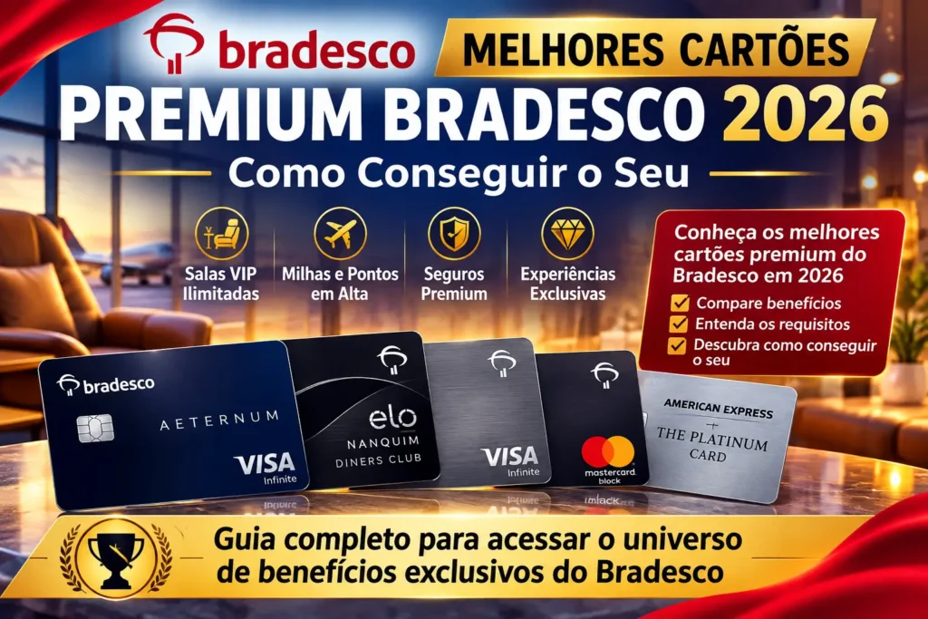 Melhores cartões premium Bradesco em 2026, incluindo Aeternum Visa Infinite, Elo Nanquim Diners Club, Visa Infinite, Mastercard Black e American Express The Platinum Card, com destaque para benefícios exclusivos e como conseguir aprovação.