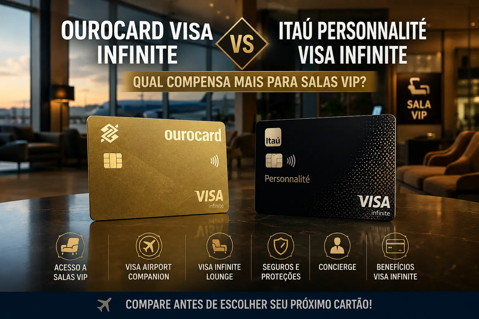 Ourocard Visa Infinite vs Itaú Personnalité Visa Infinite em comparação de benefícios e acesso a salas VIP em 2026.