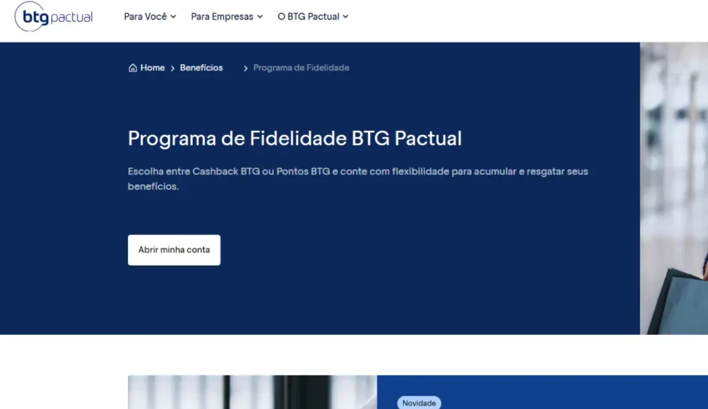 Página oficial do Programa de Fidelidade BTG Pactual com opções de Cashback BTG e Pontos BTG.