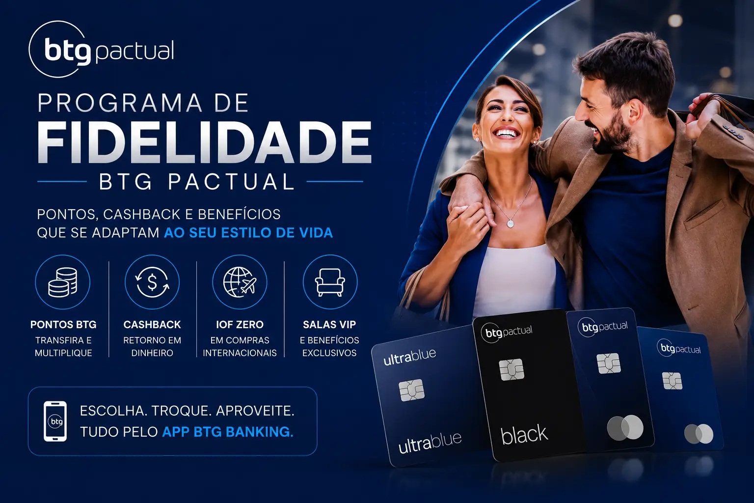Programa de Fidelidade BTG Pactual com pontos, cashback, IOF Zero e benefícios dos cartões Black e Ultrablue em 2026.