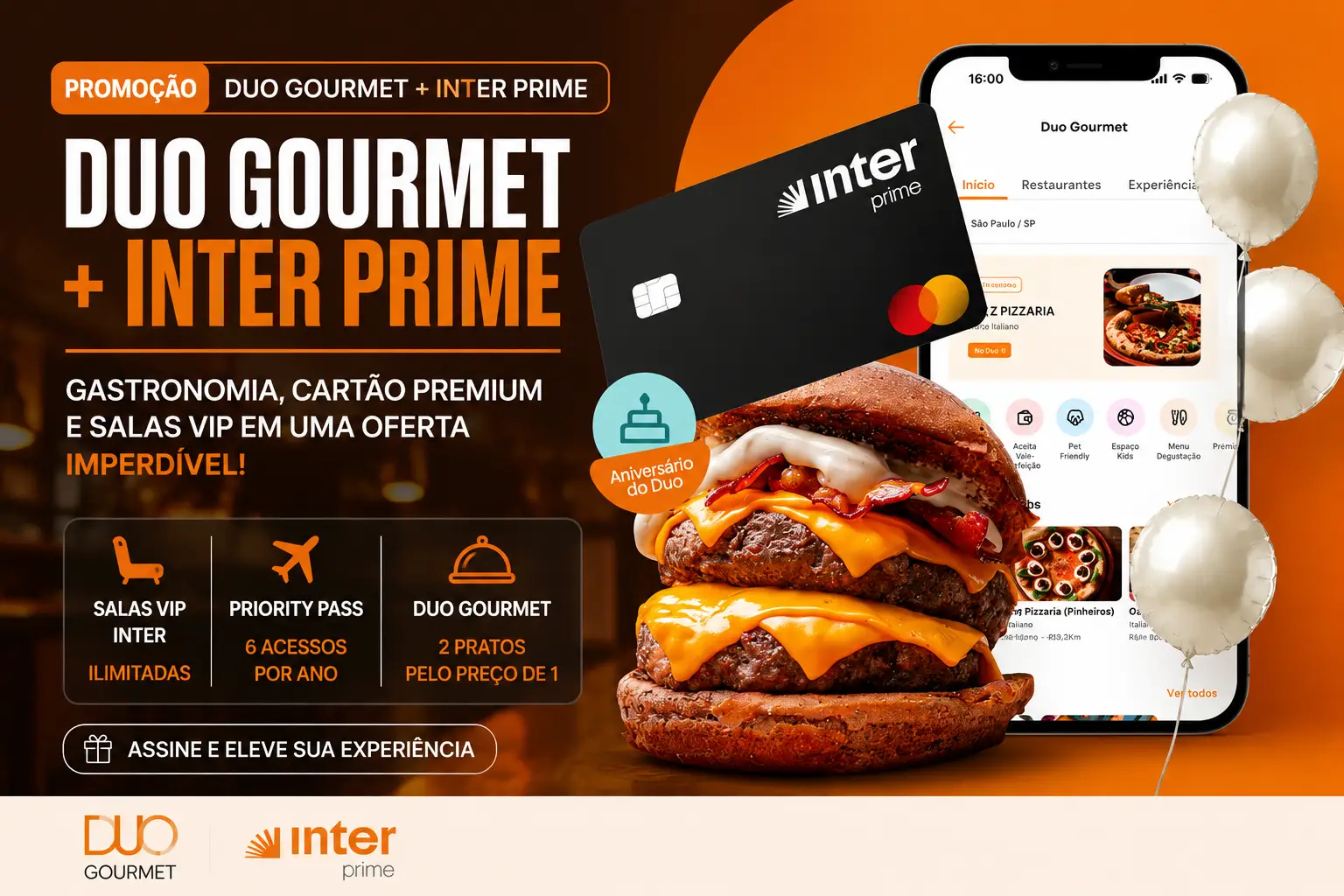 Promoção Duo Gourmet + Inter Prime com cartão premium, salas VIP Inter, 6 acessos Priority Pass por ano e benefício de 2 pratos pelo preço de 1.