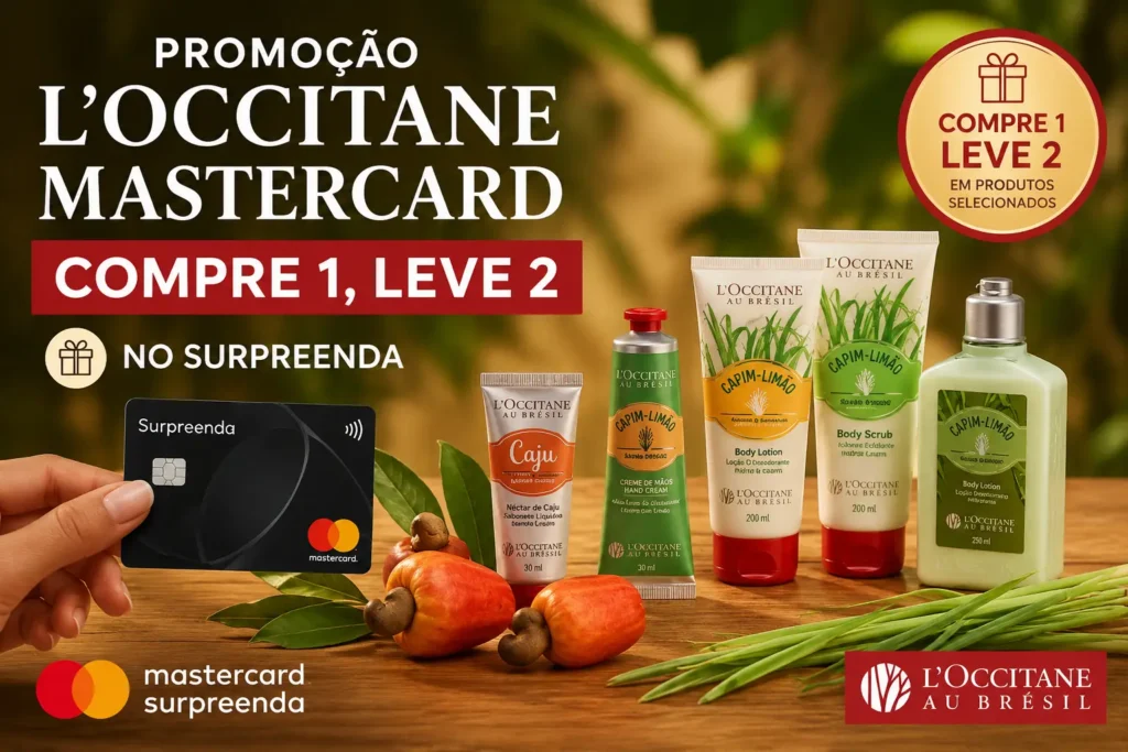 Promoção L’Occitane au Brésil no Mastercard Surpreenda com oferta Compre 1, Leve 2 em produtos selecionados.