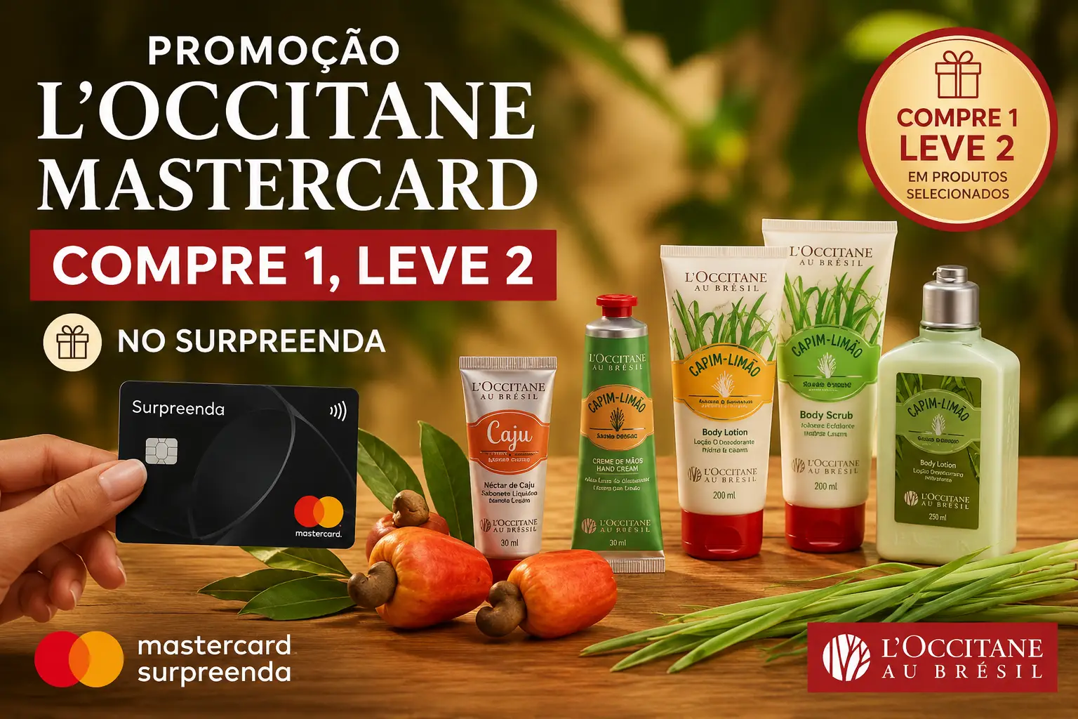 Promoção L’Occitane au Brésil no Mastercard Surpreenda com oferta Compre 1, Leve 2 em produtos selecionados.