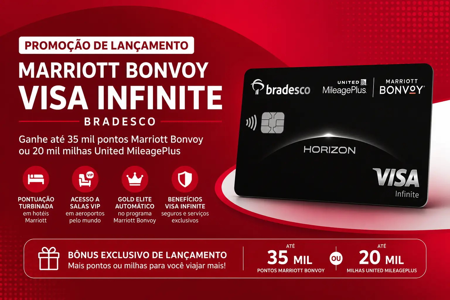 Promoção de lançamento do cartão Marriott Bonvoy Visa Infinite Bradesco com bônus de até 35 mil pontos Marriott Bonvoy ou 20 mil milhas United MileagePlus.
