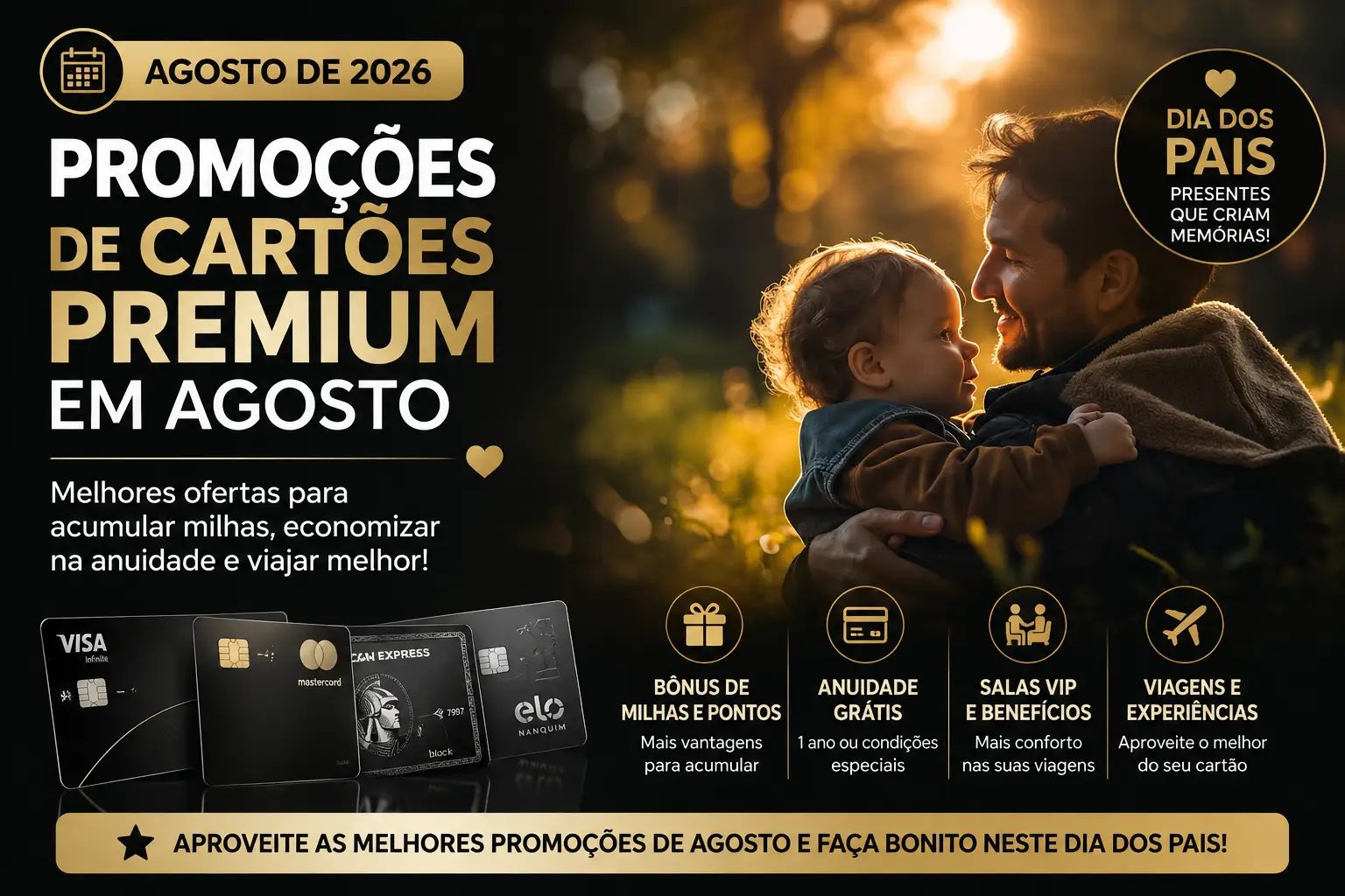 Arte para Instagram sobre as promoções de cartões premium em agosto de 2026. Pai abraçando o filho ao pôr do sol, destacando ofertas de cartões Black e Visa Infinite com bônus de milhas, anuidade grátis, acesso a salas VIP e benefícios para viagens no Dia dos Pais.