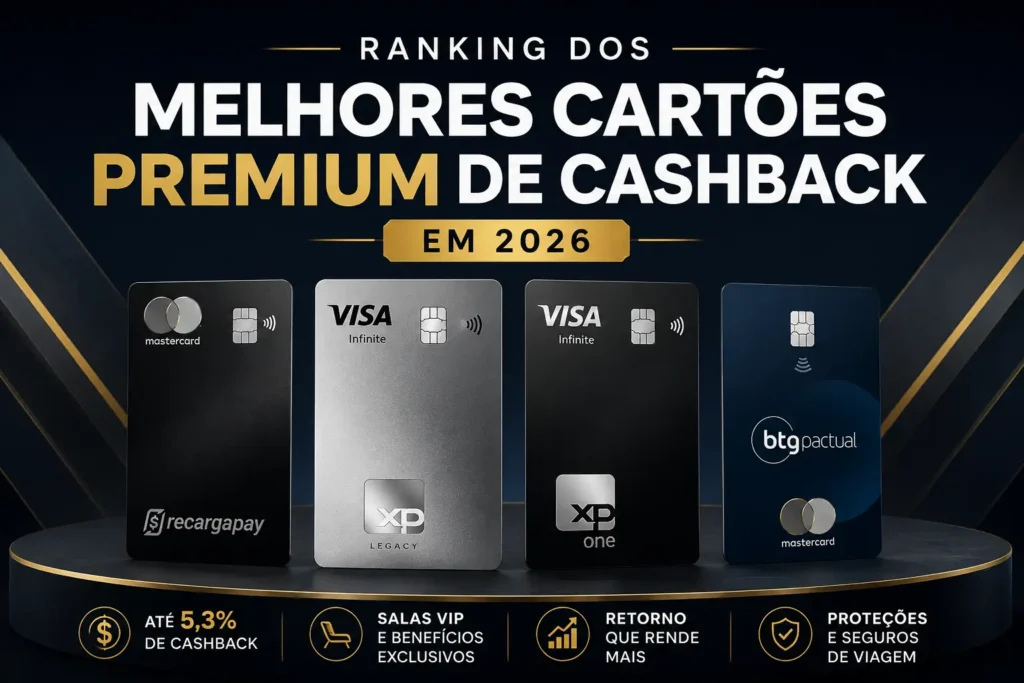 Ranking dos melhores cartões premium de cashback em 2026 com XP Legacy Visa Infinite, RecargaPay Titan Mastercard Black, XP Visa Infinite e BTG Pactual Black.