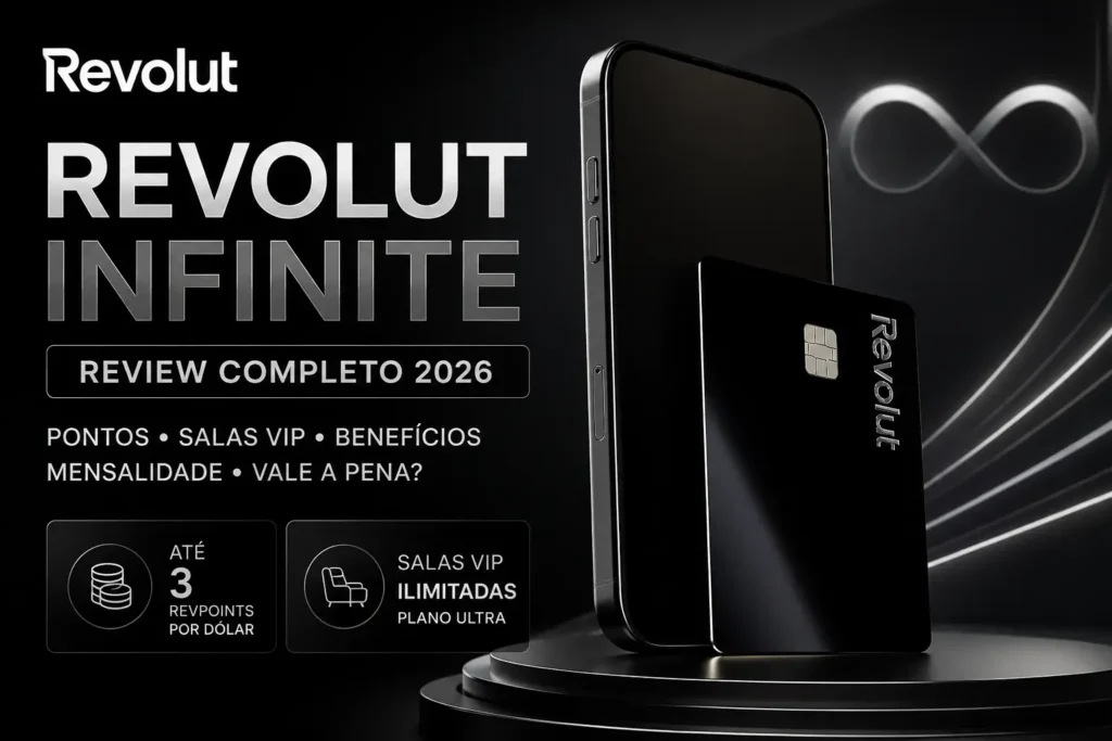 Revolut Infinite 2026 com até 3 RevPoints por dólar, salas VIP ilimitadas no plano Ultra e benefícios Visa Infinite.