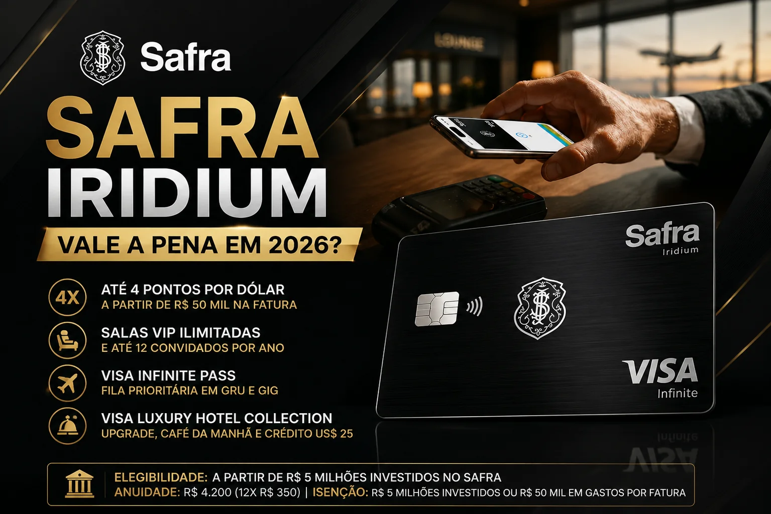 Safra Iridium Visa Infinite: 4 pontos por dólar, salas VIP e benefícios em 2026