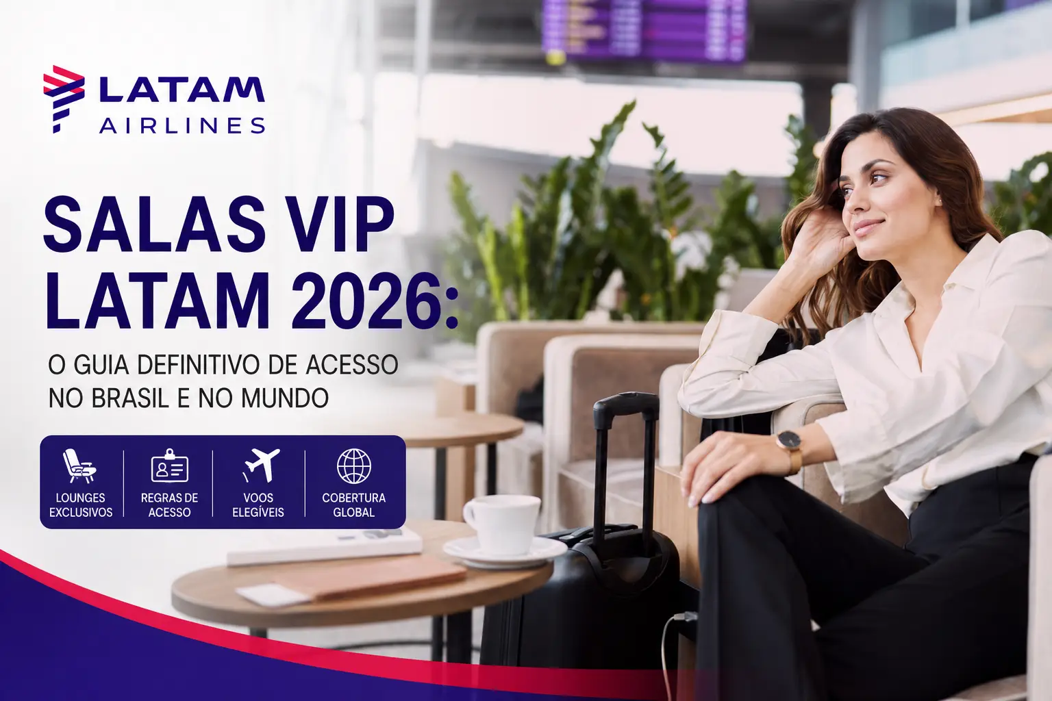 Salas VIP LATAM 2026 com passageira em lounge do aeroporto e guia completo de acesso às salas VIP da LATAM no Brasil e no mundo.