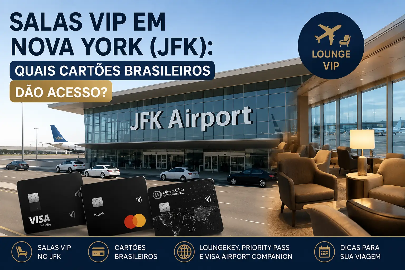 Salas VIP no Aeroporto JFK em Nova York com cartões brasileiros Visa Infinite, Mastercard Black e Diners Club