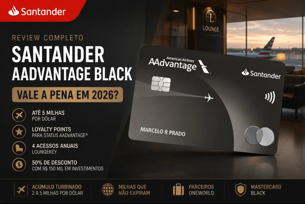 Santander AAdvantage Black em review 2026 com milhas AAdvantage, Loyalty Points e acessos a salas VIP LoungeKey.