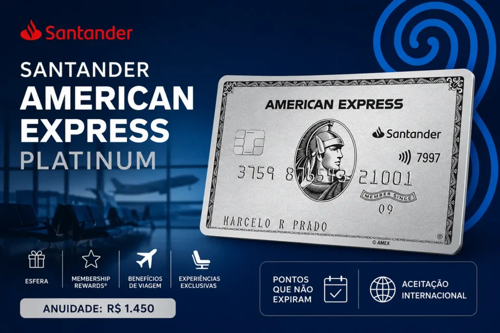 Santander American Express Platinum com anuidade de R$ 1.450, pontos que não expiram e benefícios Esfera e Membership Rewards.