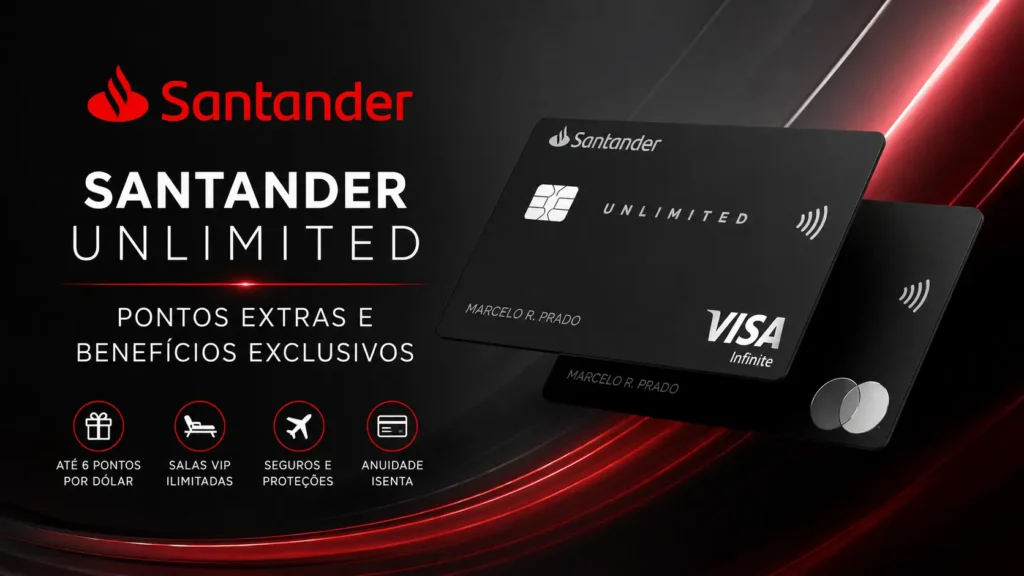 Cartão Santander Unlimited Visa Infinite e Mastercard Black com destaque para pontos extras, salas VIP ilimitadas e benefícios exclusivos em 2026.