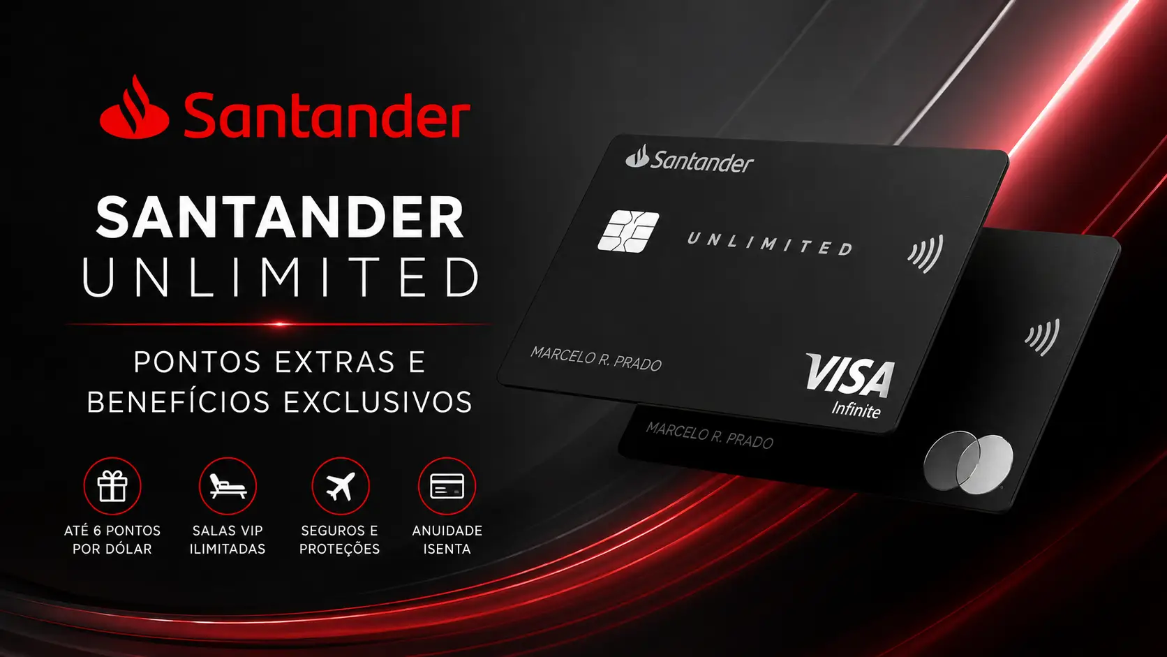 Cartão Santander Unlimited Visa Infinite e Mastercard Black com destaque para pontos extras, salas VIP ilimitadas e benefícios exclusivos em 2026.