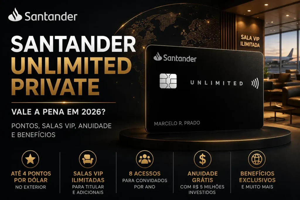 Santander Unlimited Private 2026 com até 4 pontos por dólar, salas VIP ilimitadas e benefícios para clientes Private Banking