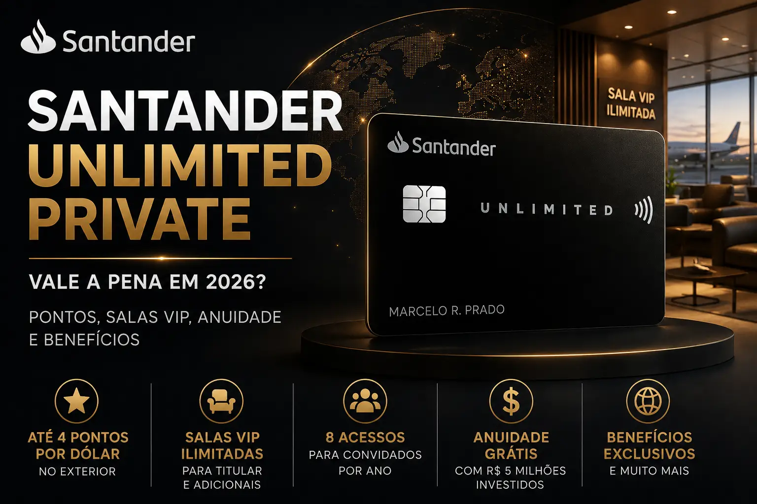 Santander Unlimited Private 2026 com até 4 pontos por dólar, salas VIP ilimitadas e benefícios para clientes Private Banking