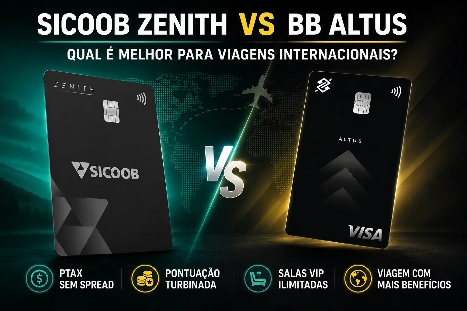 Sicoob Zenith vs BB Altus em comparativo para viagens internacionais, com PTAX, pontuação e salas VIP.