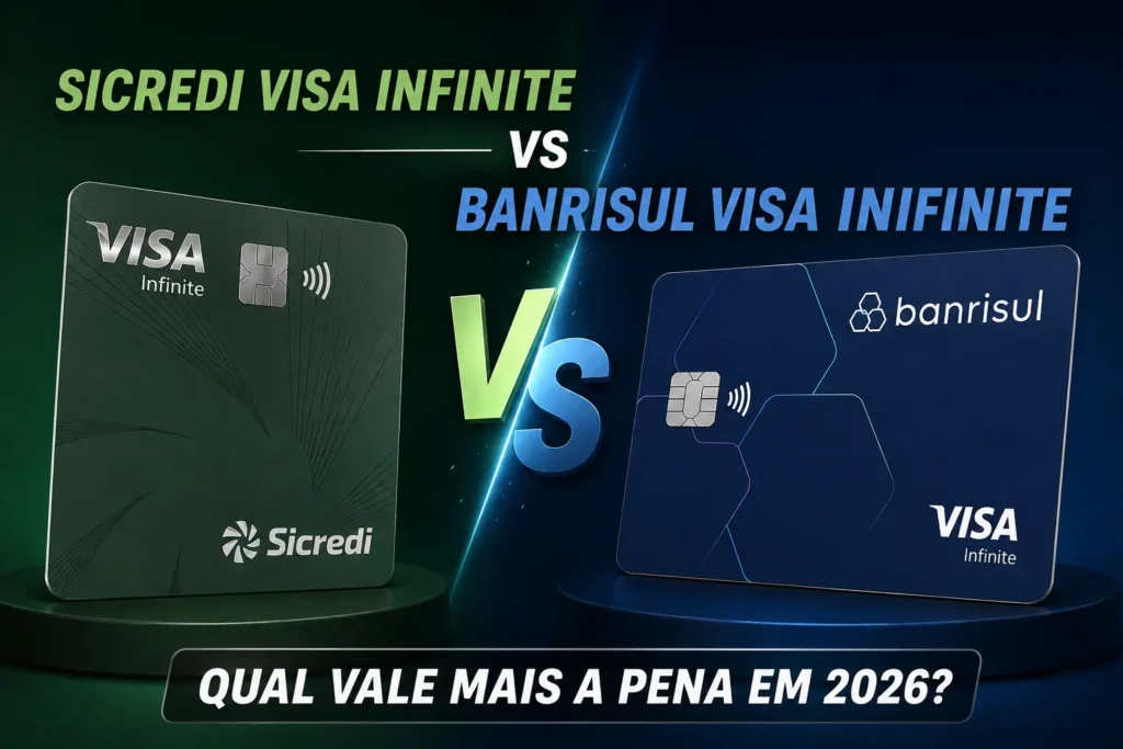 Comparativo entre os cartões Sicredi Visa Infinite e Banrisul Visa Infinite, destacando pontuação, anuidade, salas VIP, benefícios e qual oferece o melhor custo-benefício em 2026.