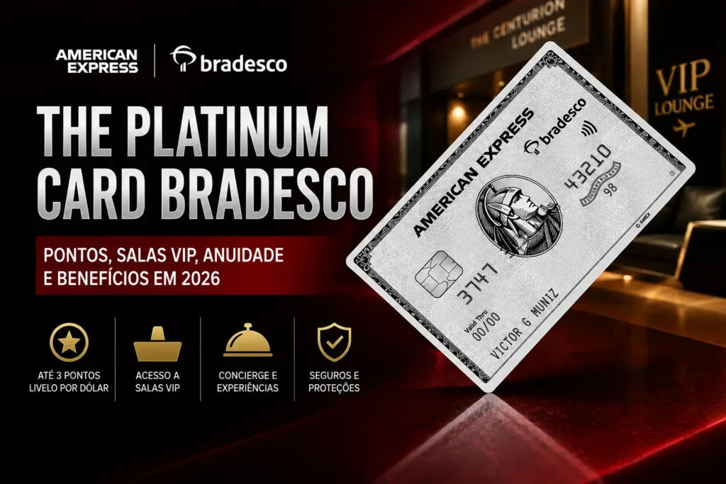 The Platinum Card Bradesco American Express com até 3 pontos Livelo por dólar, acesso a salas VIP e benefícios premium em 2026.