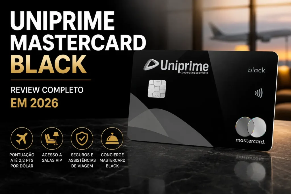 Arte do cartão Uniprime Mastercard Black com destaque para review completo em 2026, benefícios premium, pontuação de até 2,2 pontos por dólar, acesso a salas VIP, seguros de viagem e Concierge Mastercard Black.