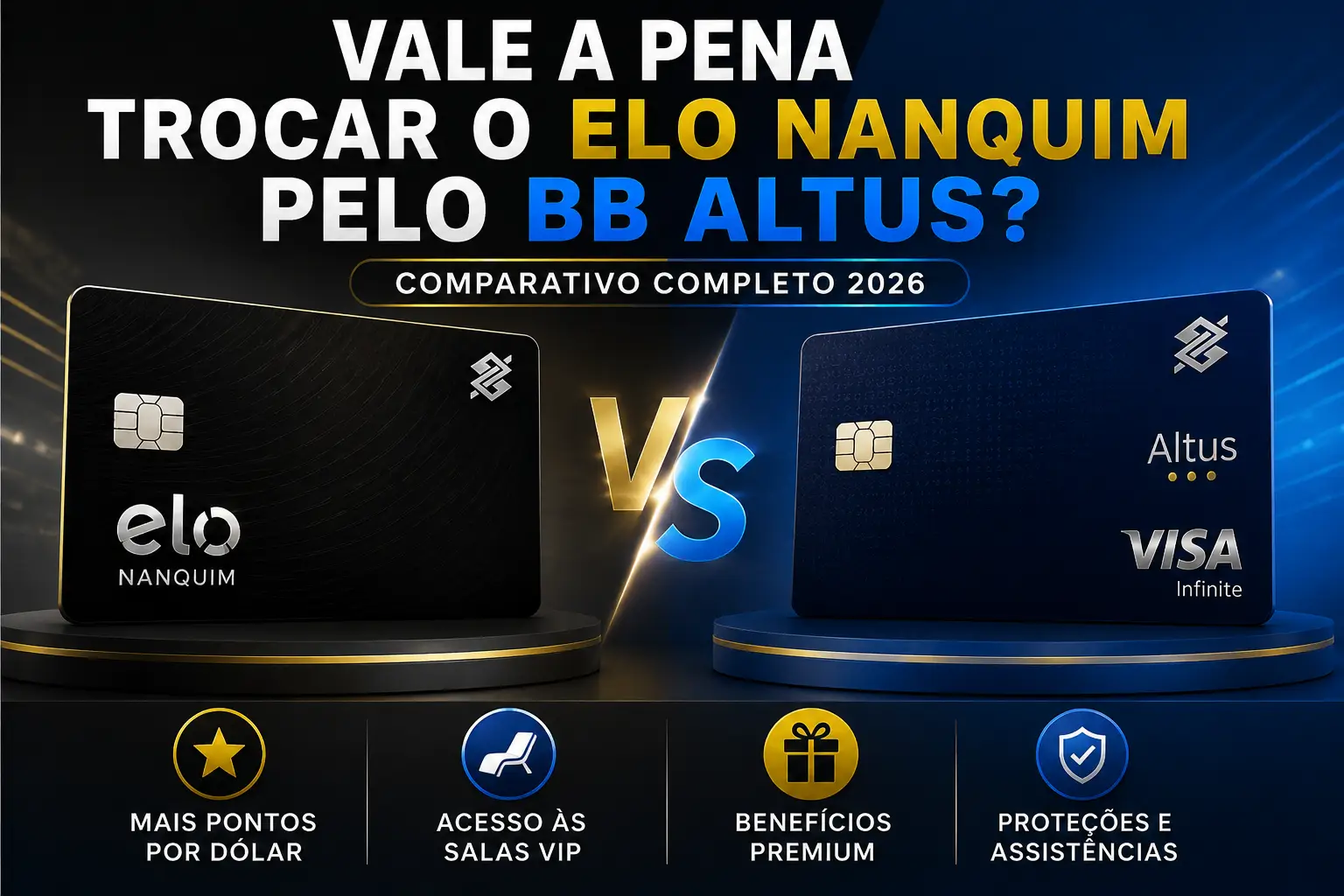 Comparativo entre os cartões BB Altus Visa Infinite e Elo Nanquim do Banco do Brasil, destacando diferenças em pontuação, benefícios premium, salas VIP e vantagens para viagens em 2026.