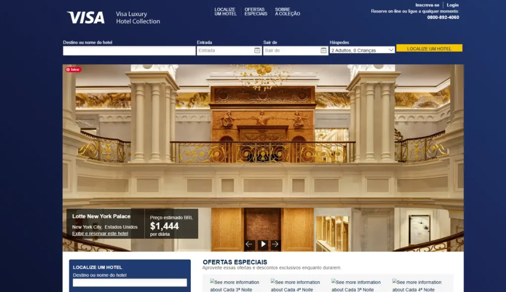 Página do Visa Luxury Hotel Collection exibindo o hotel Lotte New York Palace, em Nova York, com benefícios exclusivos para portadores de cartões Visa Infinite.