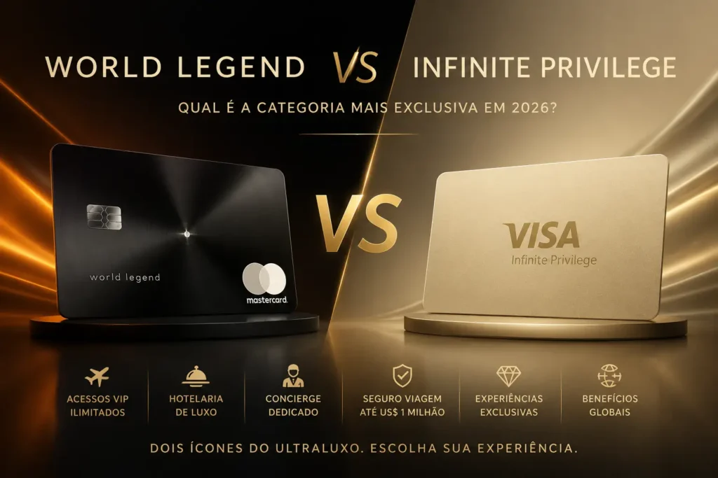 Comparativo entre Mastercard World Legend e Visa Infinite Privilege, destacando os cartões ultra premium mais exclusivos do Brasil em 2026.
