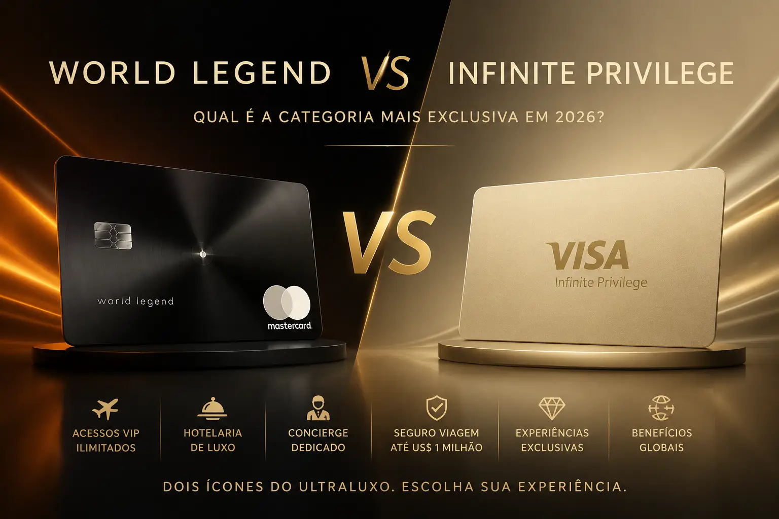 Comparativo entre Mastercard World Legend e Visa Infinite Privilege, destacando os cartões ultra premium mais exclusivos do Brasil em 2026.