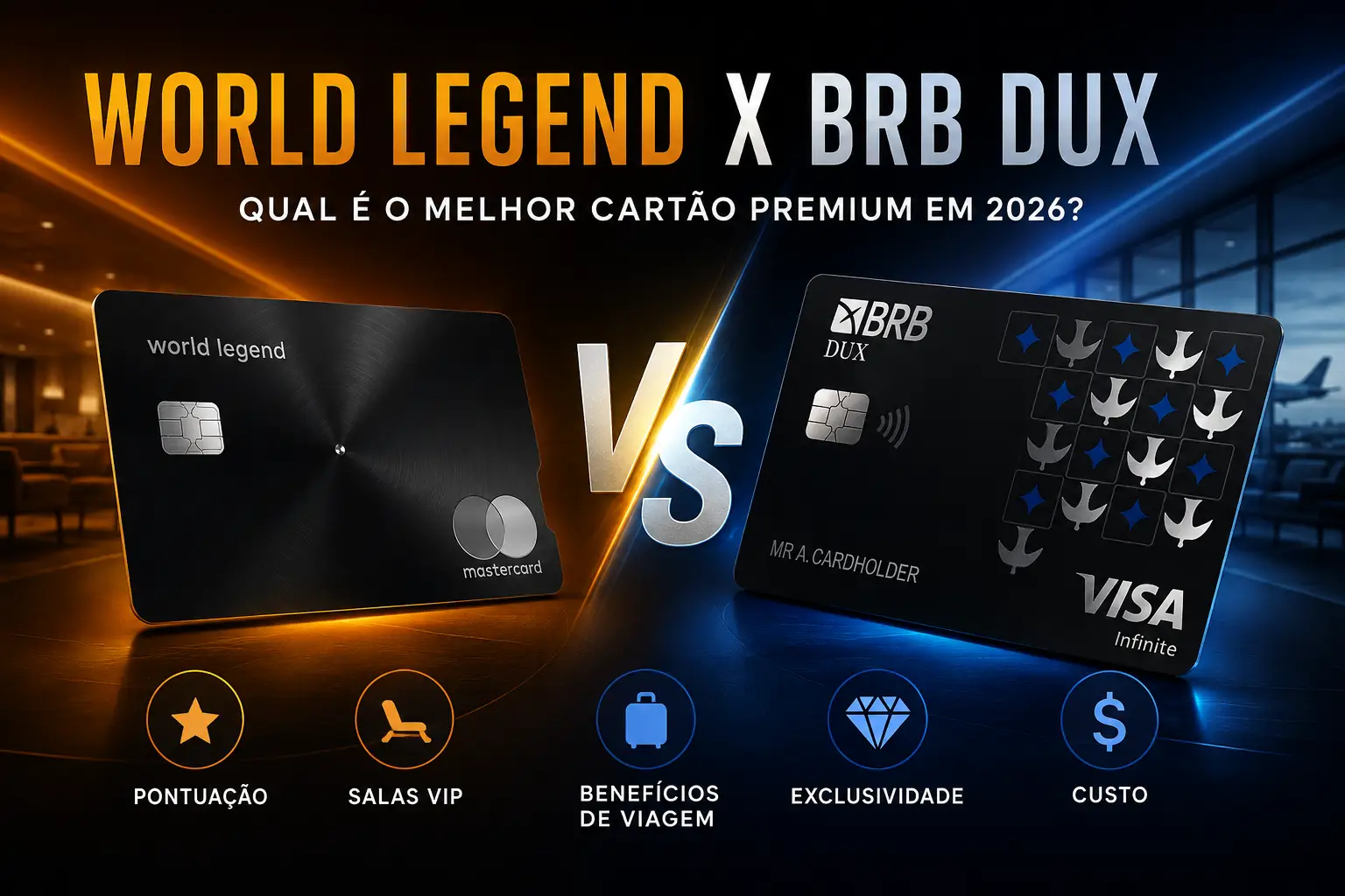 Comparativo entre os cartões Mastercard World Legend e BRB DUX Visa Infinite destacando pontuação, salas VIP, benefícios de viagem, exclusividade e custo em 2026.