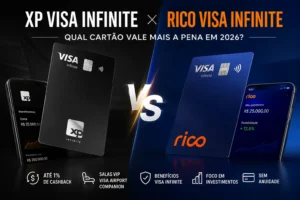 Comparativo entre os cartões XP Visa Infinite e Rico Visa Infinite destacando cashback, benefícios Visa Infinite, acesso às salas VIP Visa Airport Companion e foco em investimentos.