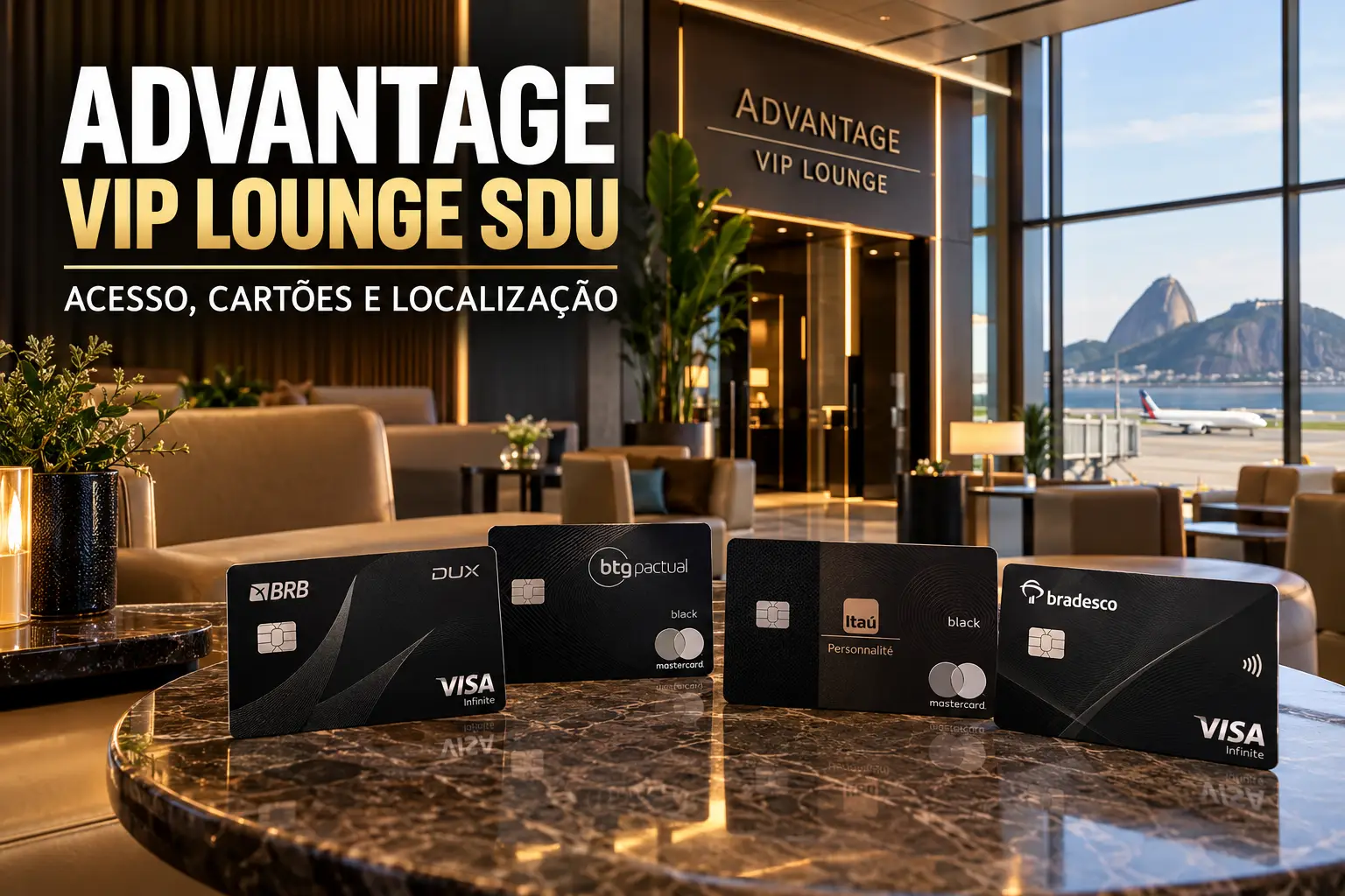 Advantage VIP Lounge no Aeroporto Santos Dumont (SDU) com cartões premium elegíveis para acesso à sala VIP.