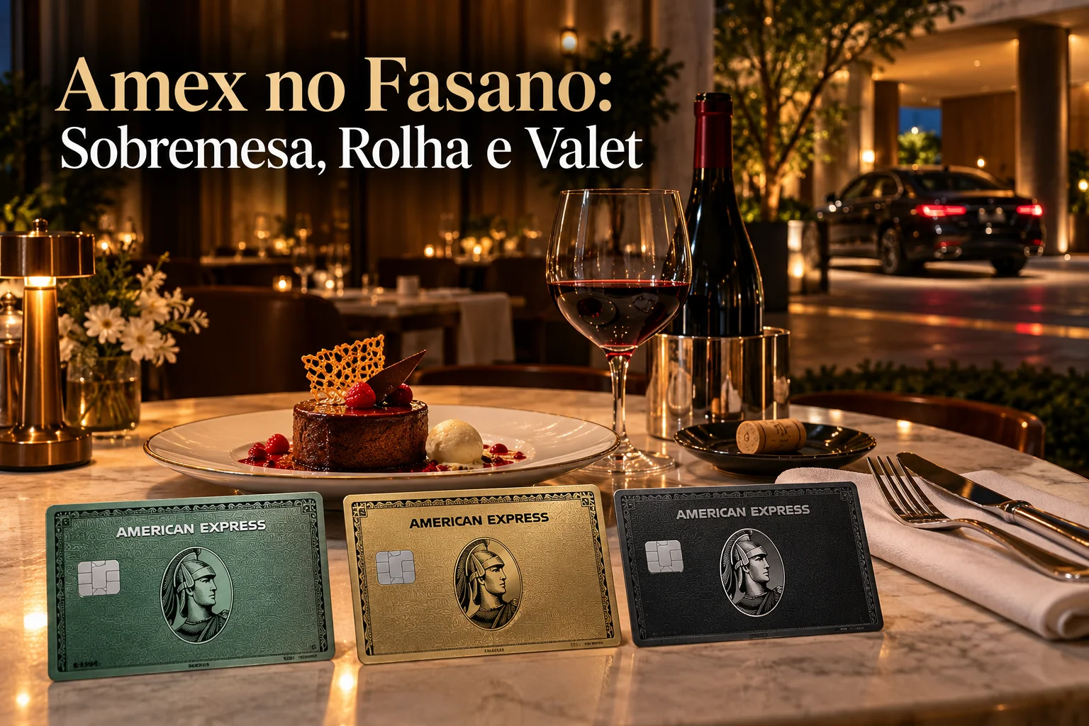 Cartões American Express em restaurante sofisticado com sobremesa, vinho e serviço de valet, benefícios oferecidos no Fasano.