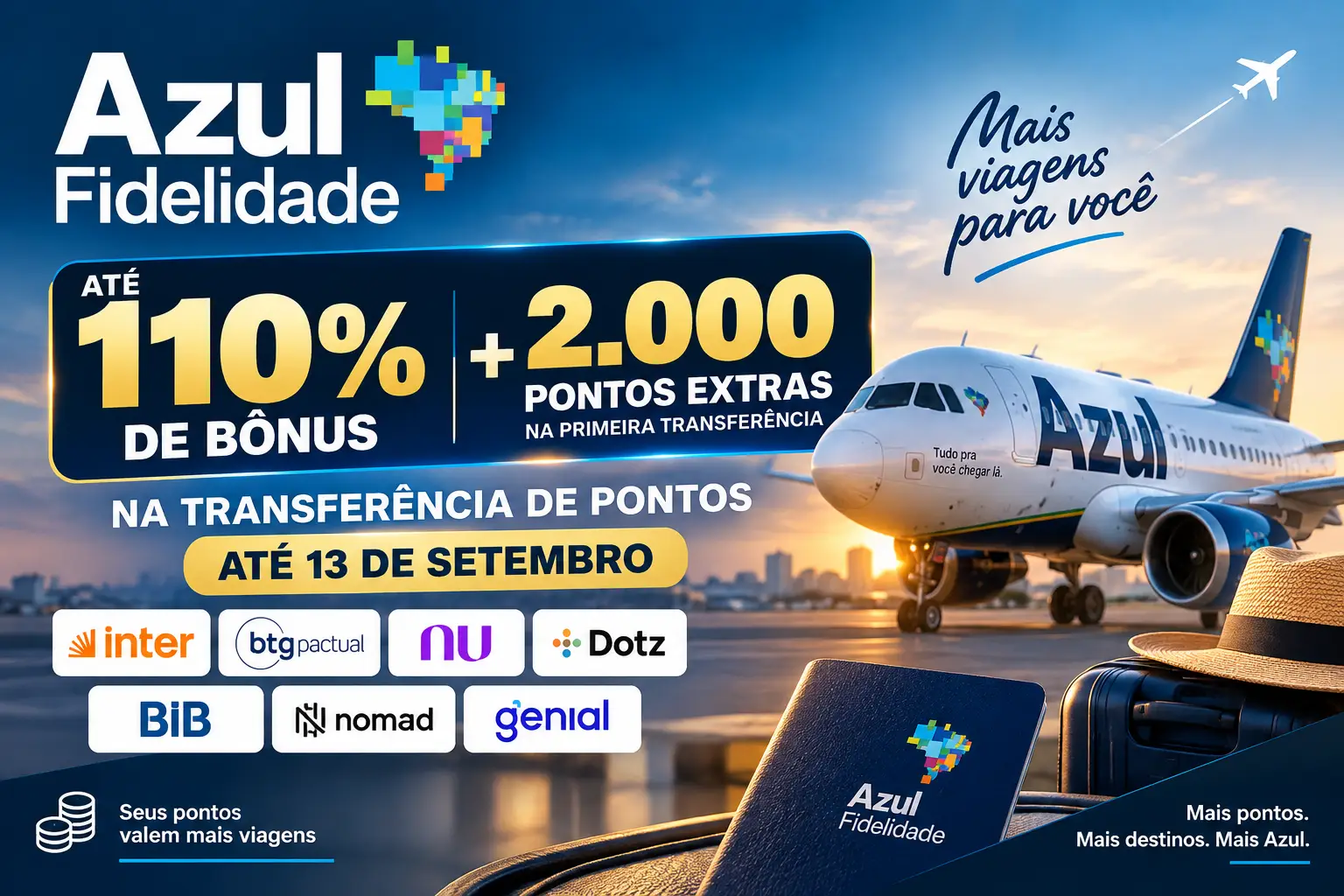 Azul Fidelidade oferece até 110% de bônus e 2.000 pontos extras na transferência de pontos até 13 de setembro de 2026.