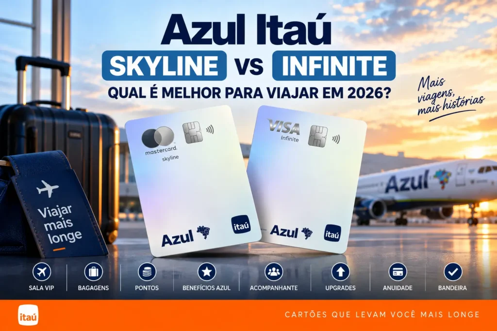 Azul Itaú Skyline vs Azul Itaú Infinite em 2026: comparação de Sala VIP, bagagens, pontos e benefícios para viajar.