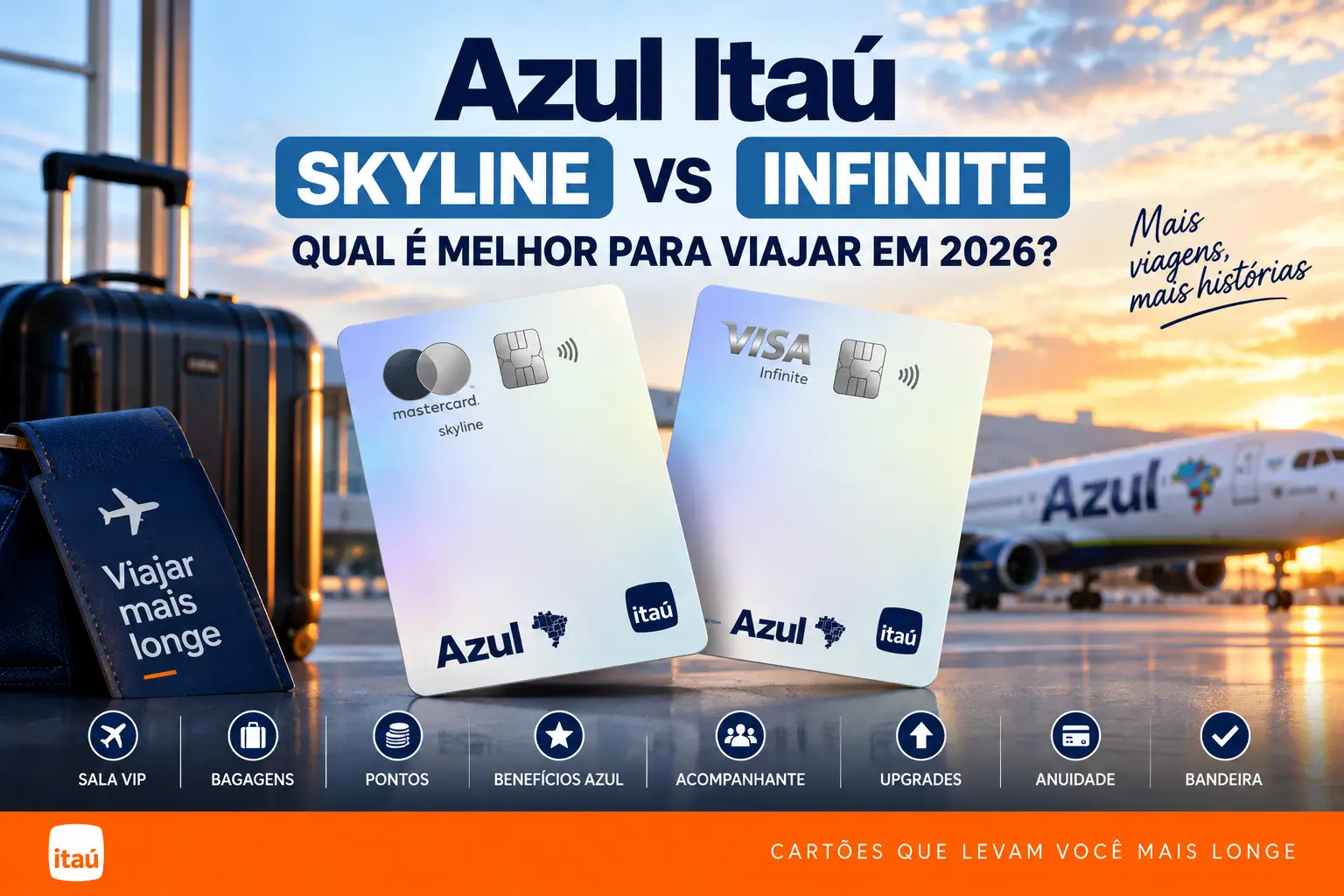 Azul Itaú Skyline vs Azul Itaú Infinite em 2026: comparação de Sala VIP, bagagens, pontos e benefícios para viajar.