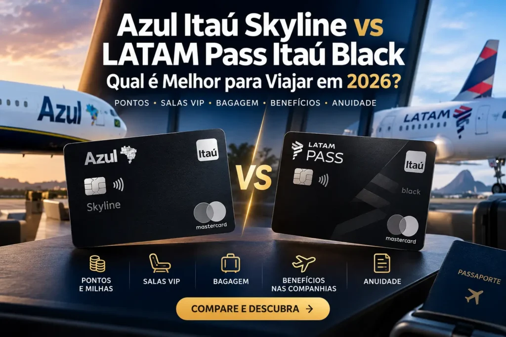 Azul Itaú Skyline vs LATAM Pass Itaú Black em comparativo de pontos, salas VIP, bagagem e benefícios para viajar em 2026