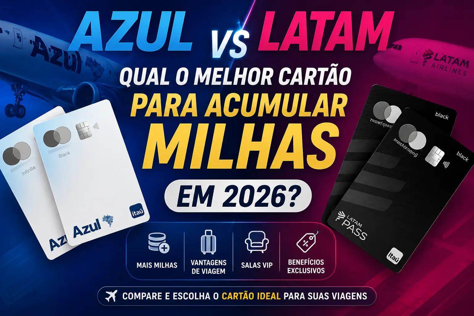 Comparativo Azul vs LATAM para descobrir qual o melhor cartão de crédito para acumular milhas em 2026.