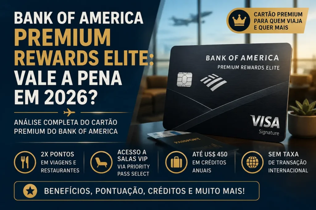 Bank of America Premium Rewards Elite com benefícios, pontos, salas VIP e créditos anuais em 2026.