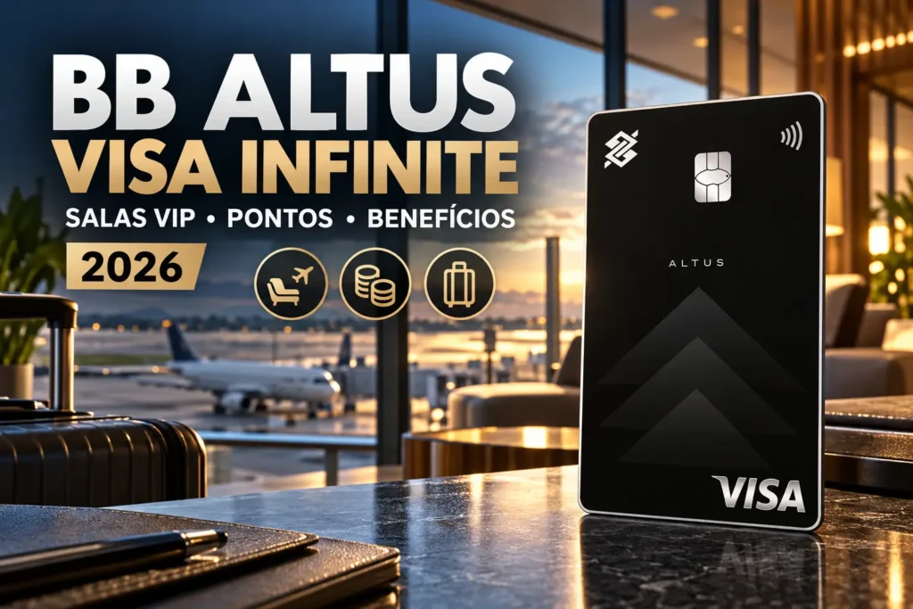 BB Altus Visa Infinite vertical com destaque para salas VIP, pontos e benefícios em 2026